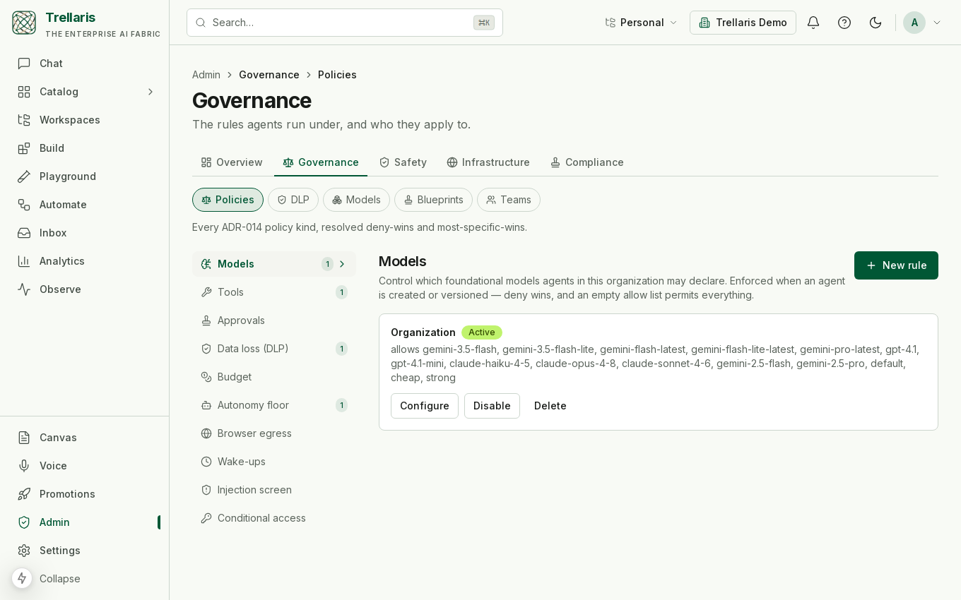 Admin governance console listing policy kinds: models, tools, approvals, data loss, budget, autonomy floor, browser egress